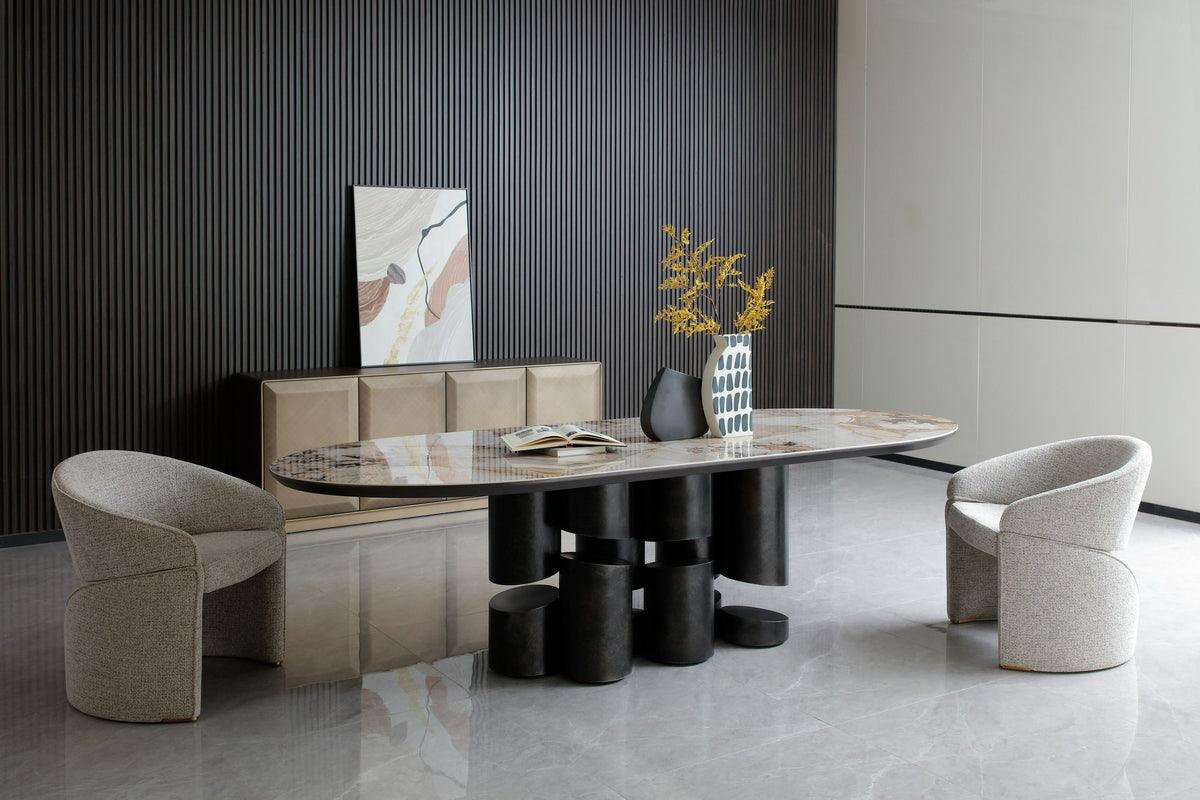 Finsbury Modern Ceramic Dark Grey Brass Oval Dining Table