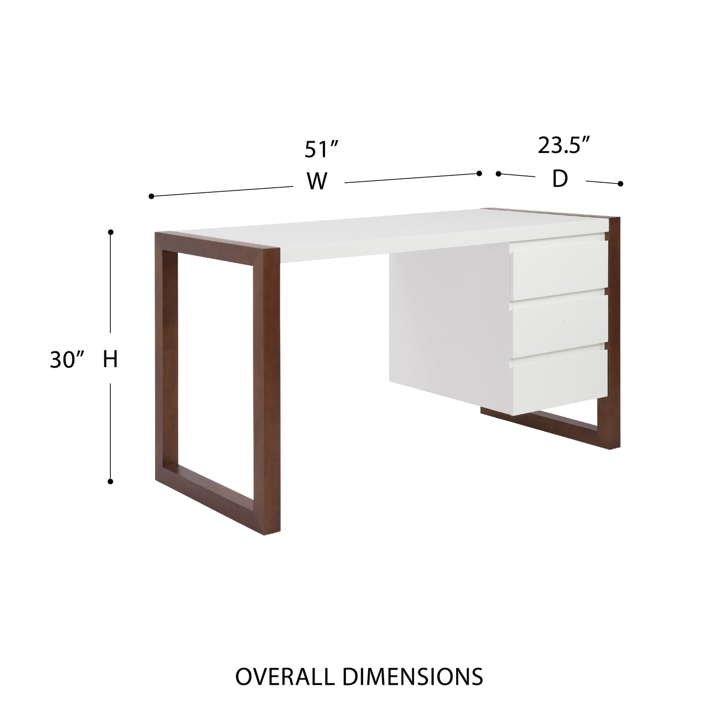 Manon Desk in Matte White with Dark Walnut Finish - Three Drawers