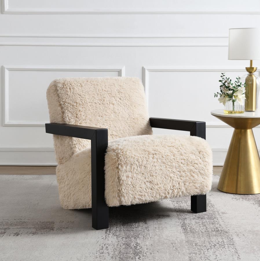 Fitzroy Faux Fur Upholstered Chair with Solid Wood Arms in Latte – Luxurious Comfort