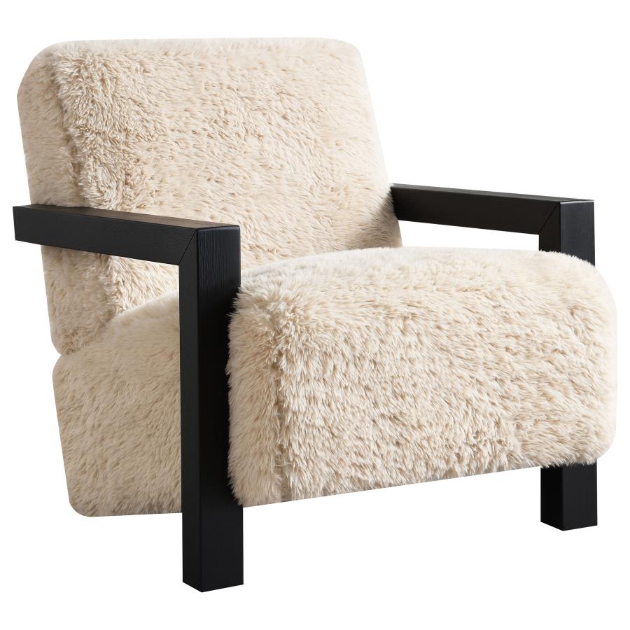 Fitzroy Faux Fur Upholstered Chair with Solid Wood Arms in Latte – Luxurious Comfort