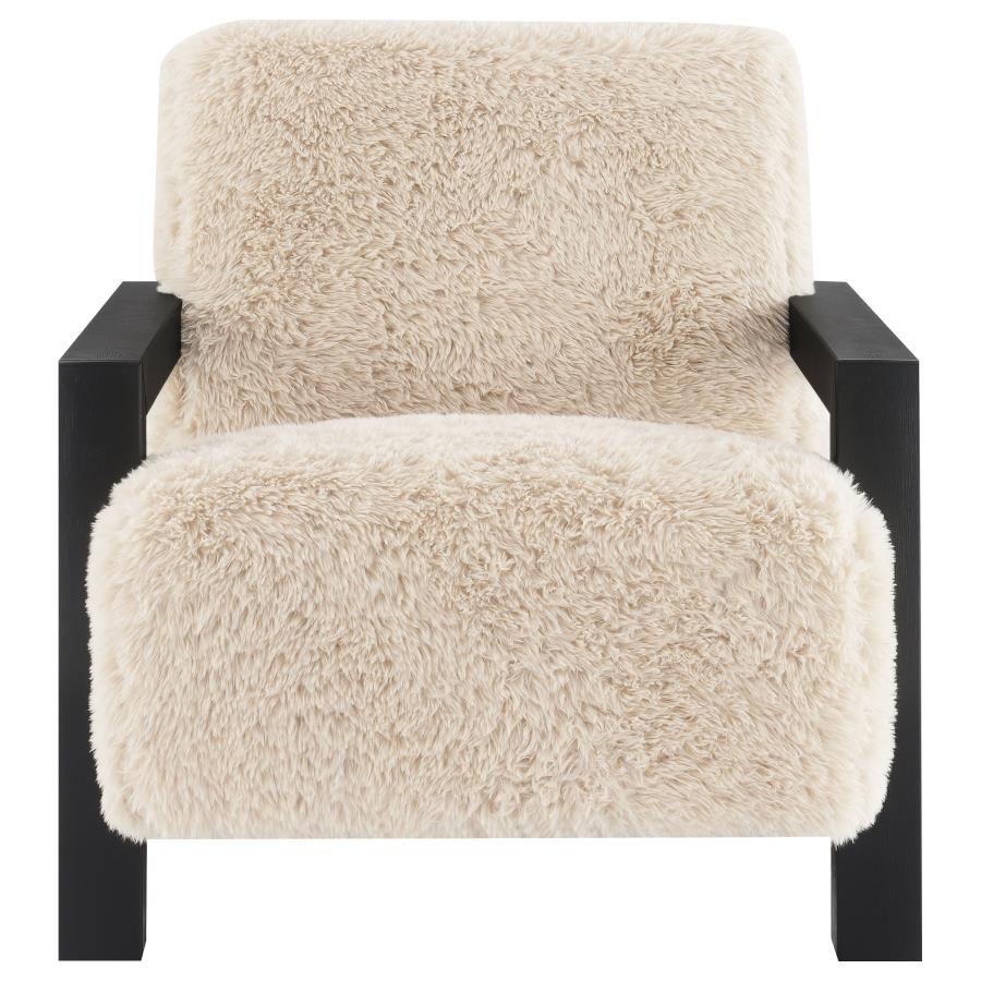 Fitzroy Faux Fur Upholstered Chair with Solid Wood Arms in Latte – Luxurious Comfort