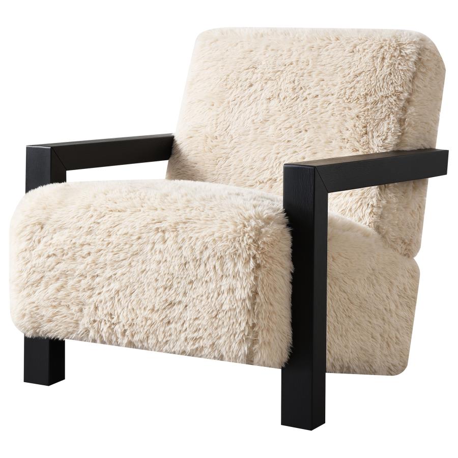 Fitzroy Faux Fur Upholstered Chair with Solid Wood Arms in Latte – Luxurious Comfort