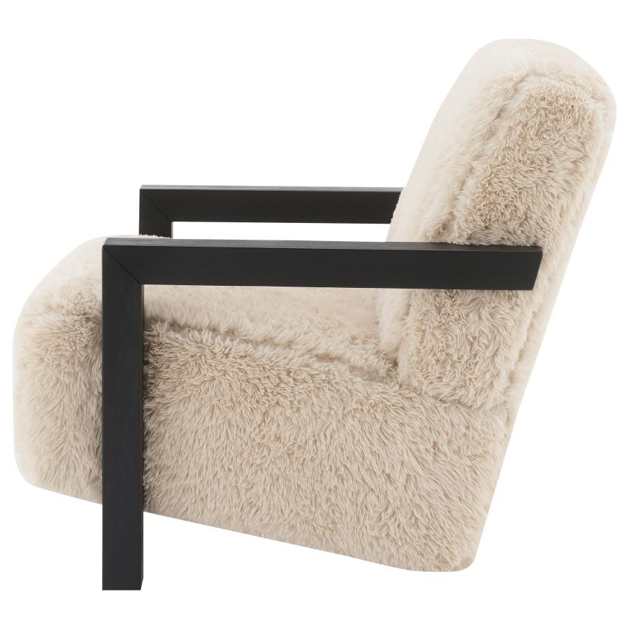 Fitzroy Faux Fur Upholstered Chair with Solid Wood Arms in Latte – Luxurious Comfort