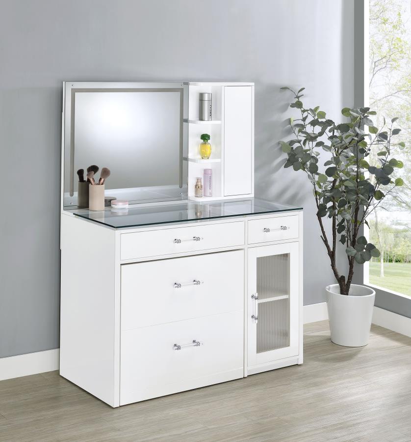 Flora 2-Drawer Vanity Set with LED Mirror in Black High Gloss – Modern Glam Makeup Station