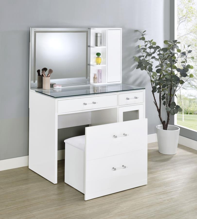 Flora 2-Drawer Vanity Set with LED Mirror in Black High Gloss – Modern Glam Makeup Station
