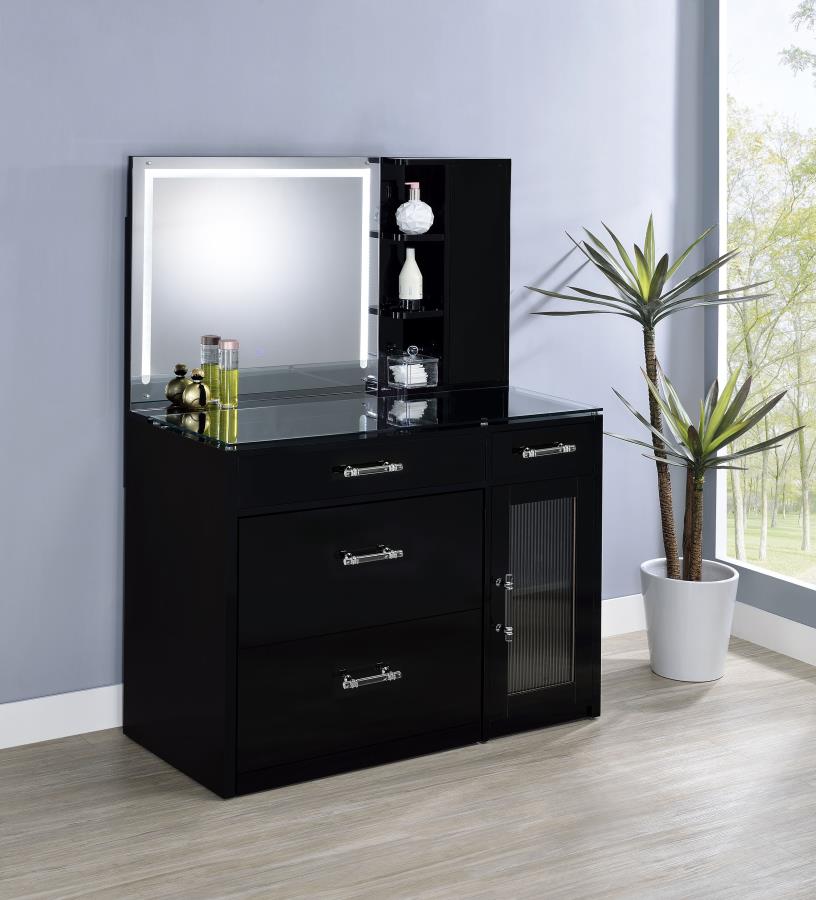 Flora 2-Drawer Vanity Set with LED Mirror in Black High Gloss – Modern Glam Makeup Station