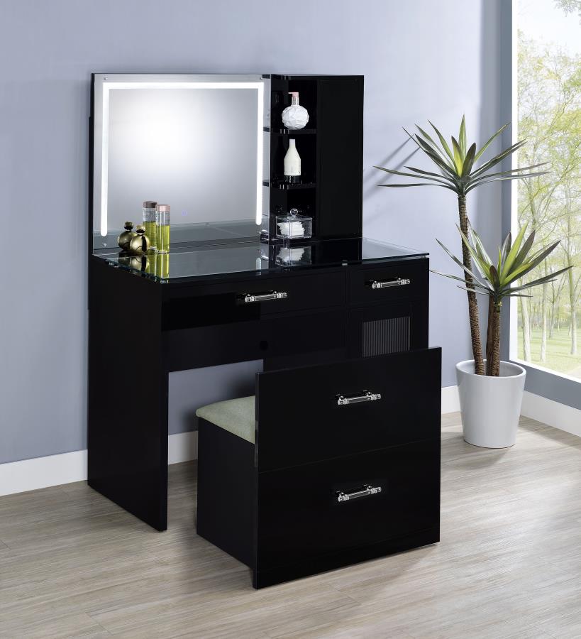 Flora 2-Drawer Vanity Set with LED Mirror in Black High Gloss – Modern Glam Makeup Station