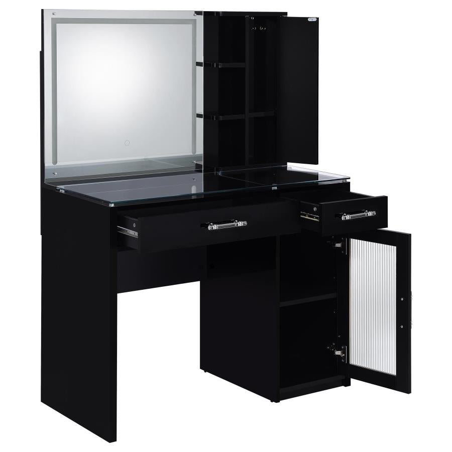 Flora 2-Drawer Vanity Set with LED Mirror in Black High Gloss – Modern Glam Makeup Station