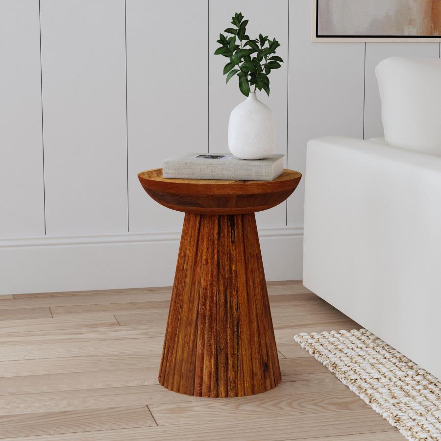 Aureo Round Solid Wood Accent Side Table β Wild Honey Finish for a Warm and Stylish Touch to Your Space