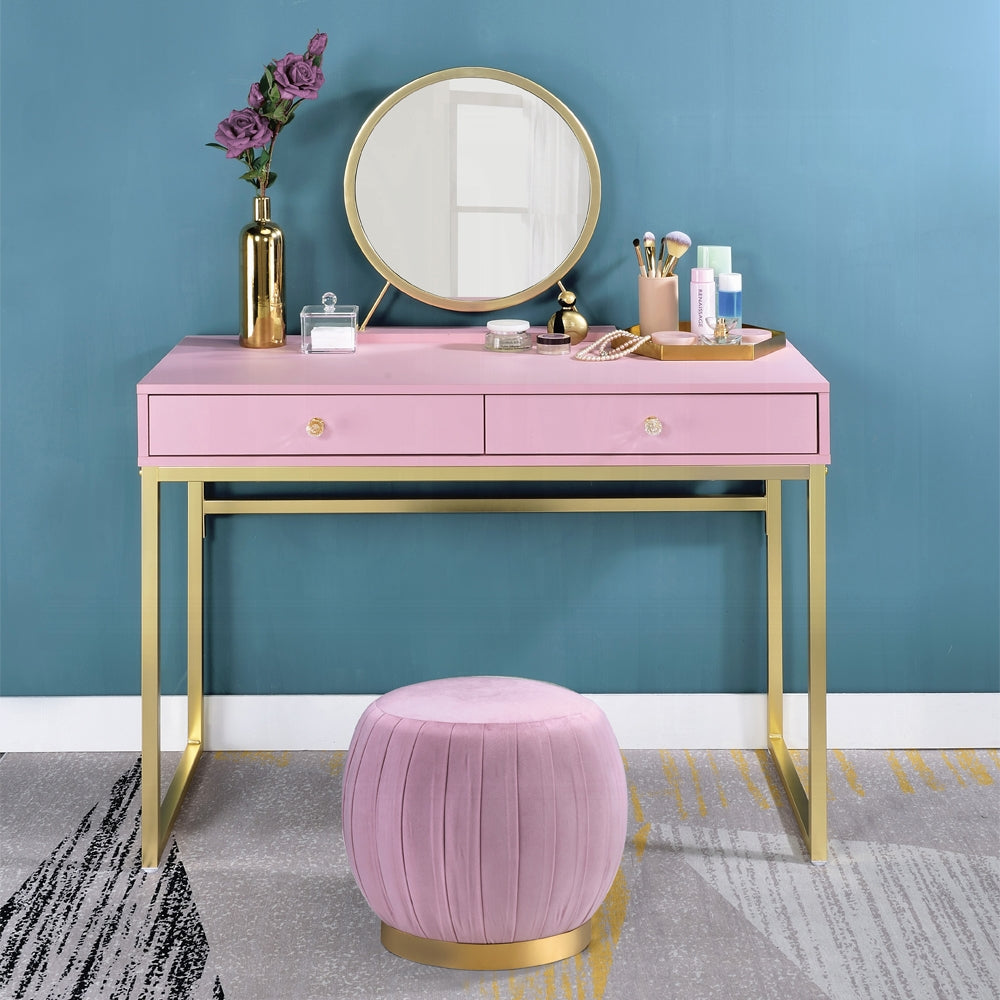 Zinnia Pink Carnation Velvet & Gold Finish Ottoman