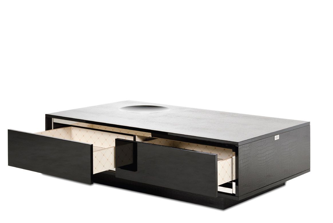 A&X Grand Modern Black Crocodile Lacquer Coffee Table with 2 Drawers