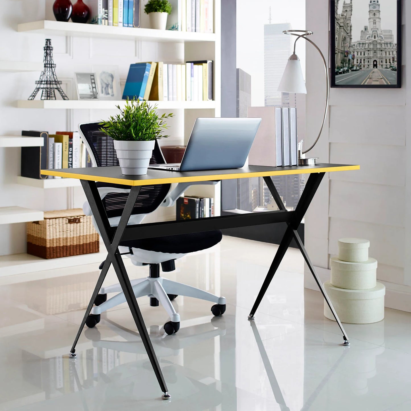 Expound Office Desk β Sleek Contemporary Design with Yellow Accents, Durable Melamine Top & Sturdy Steel Legs