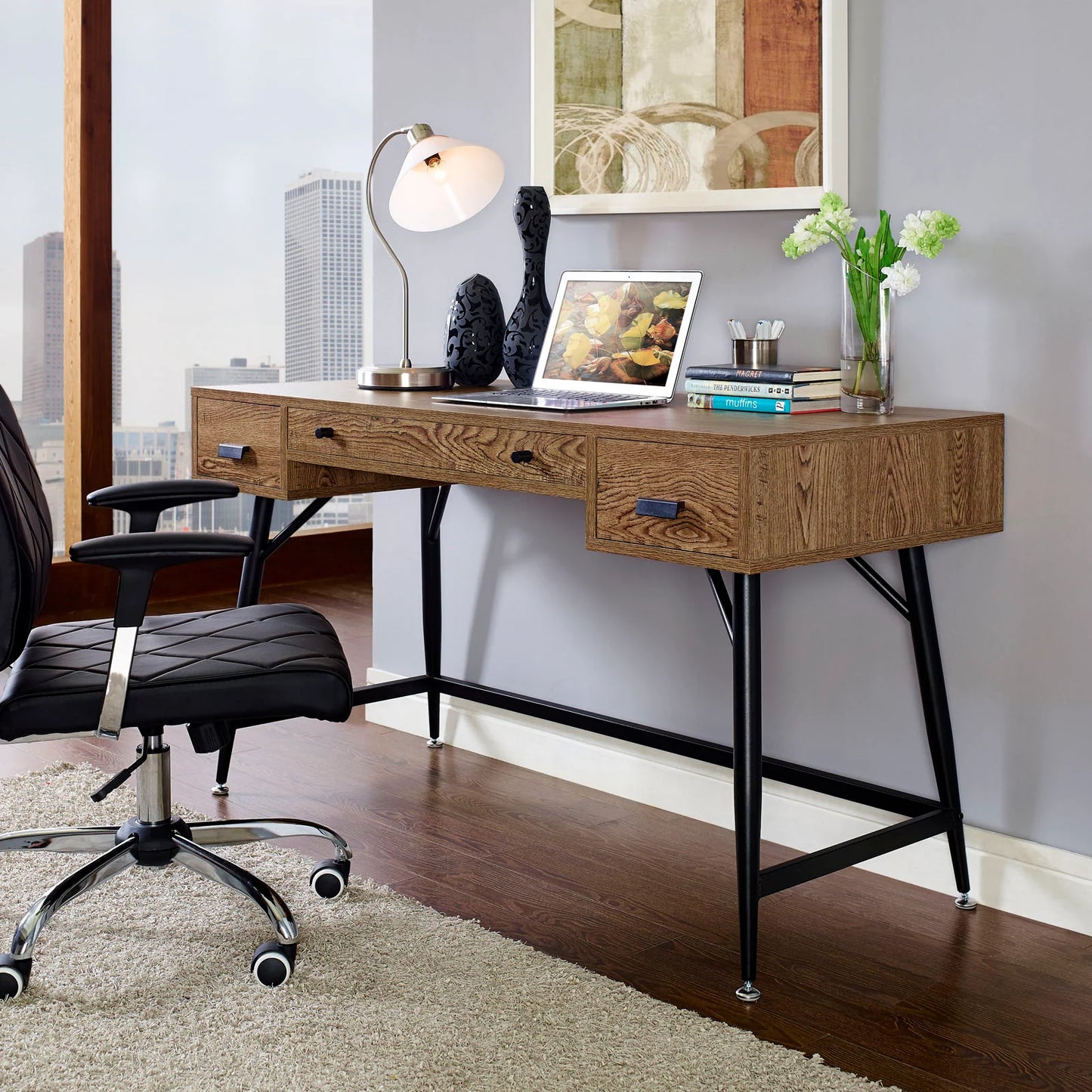 Surplus Industrial Modern Office Desk – Wood Grain Surface, Storage Drawers & Adjustable Glides for Practical Style