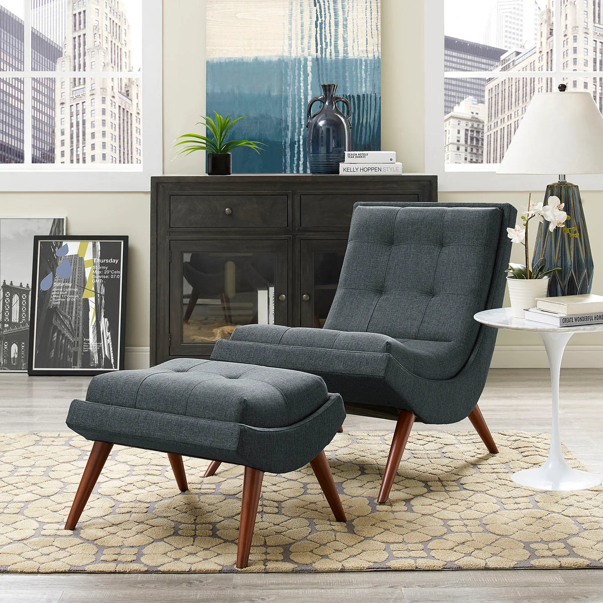 Ramp Modern Upholstered Lounge Chair Set with Ottoman