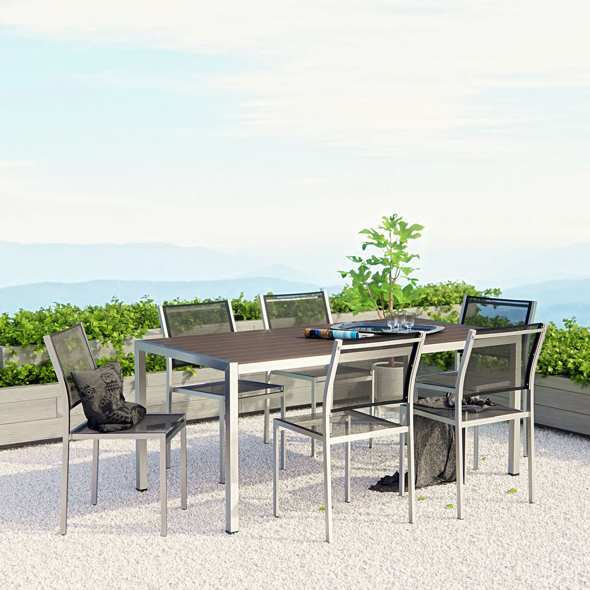 Shore 7-Piece Outdoor Patio Aluminum Dining Set in Silver and Black - Sleek and Durable Dining Set for Modern Outdoor Entertaining