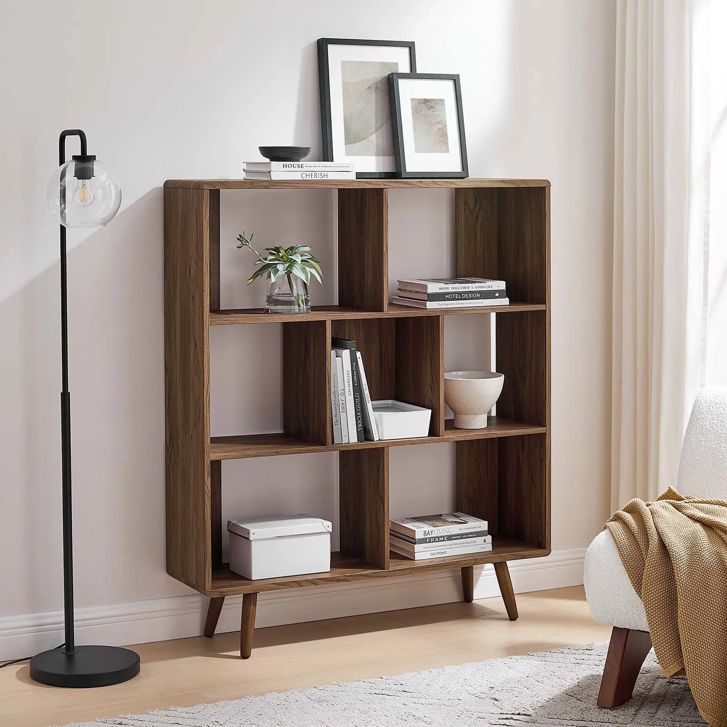 Transmit 7-Shelf Wood Grain Bookcase – Modern Vertical Bookshelf for Living Room or Office