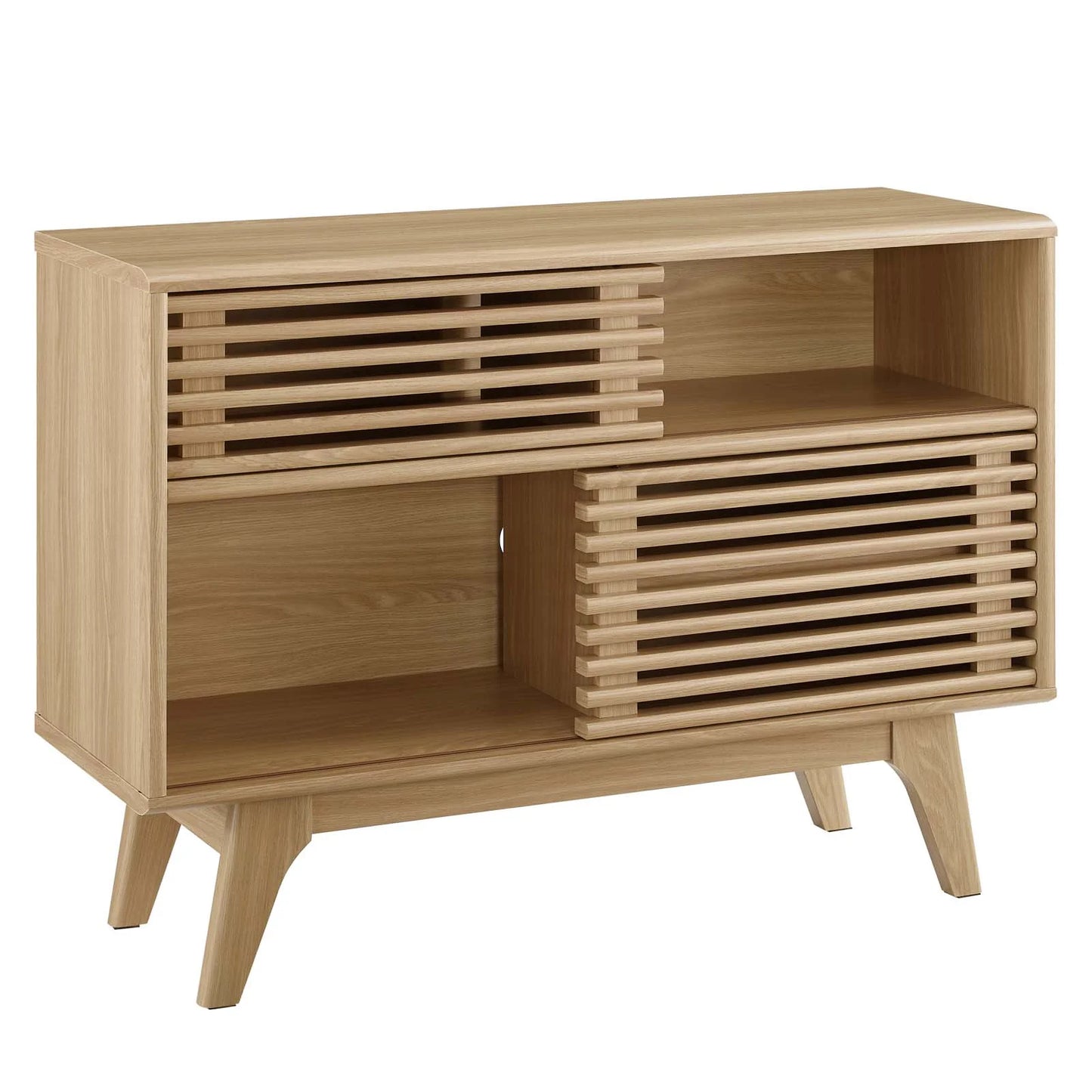 Render Display Stand in Charcoal Oak and Walnut β Modern Multi-Tier Shelving Unit for Home or Office