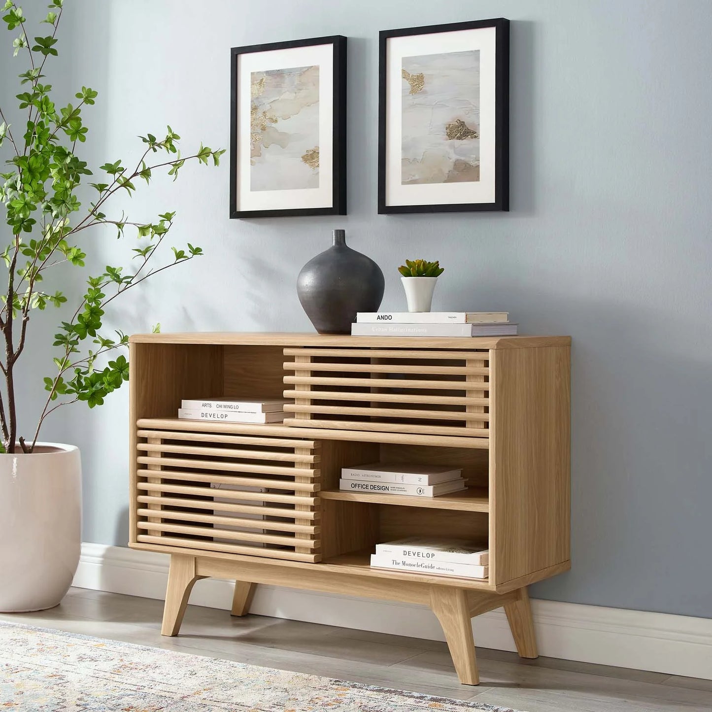 Render Display Stand in Charcoal Oak and Walnut β Modern Multi-Tier Shelving Unit for Home or Office