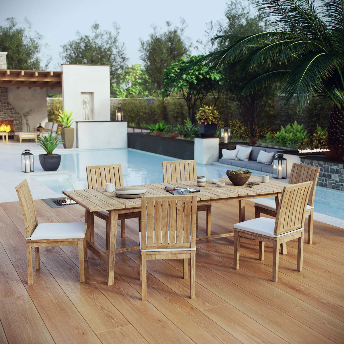 Marina 7-Piece Outdoor Patio Teak Dining Set in Natural White – Elegant and Durable Dining Furniture for Outdoor Entertaining
