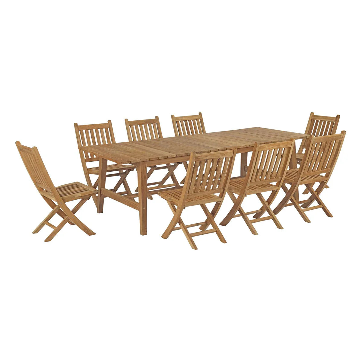 Marina 9-Piece Outdoor Dining Set – Crafted from durable teak wood with weather-resistant cushions for a sleek, modern look.