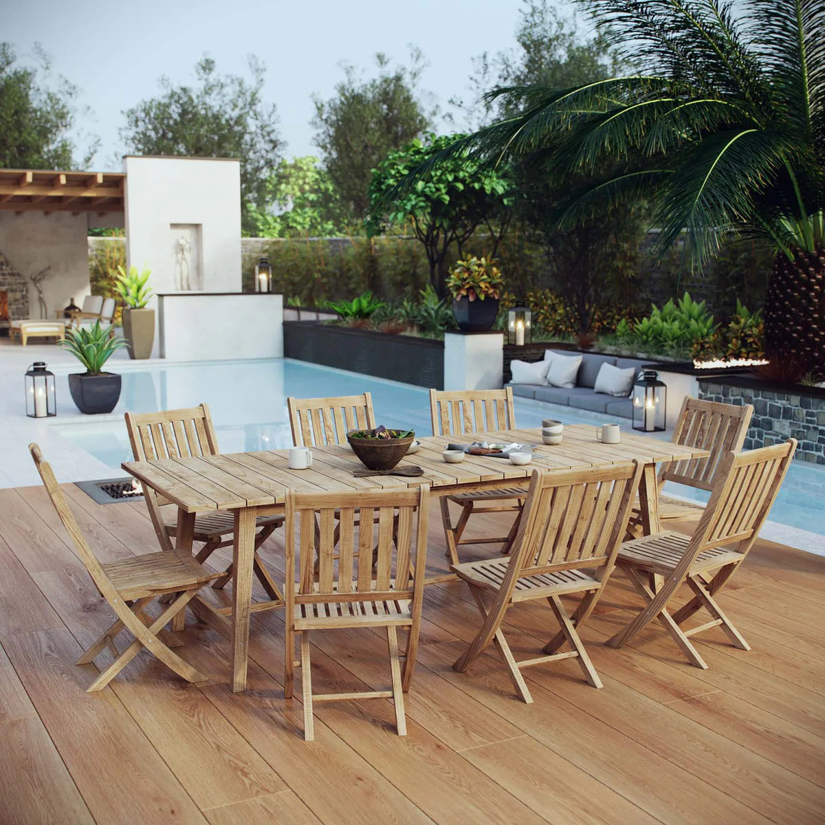 Marina 9-Piece Outdoor Dining Set – Crafted from durable teak wood with weather-resistant cushions for a sleek, modern look.