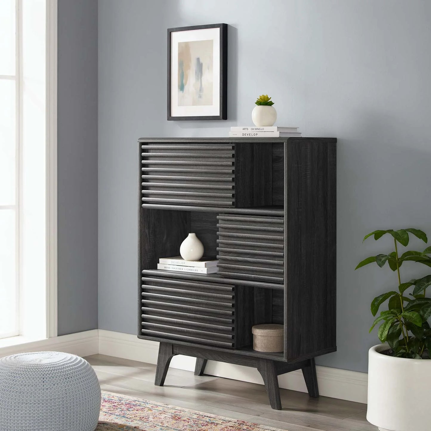 Render Three-Tier Display Storage Cabinet Stand – Modern Open Shelving Unit for Home or Office