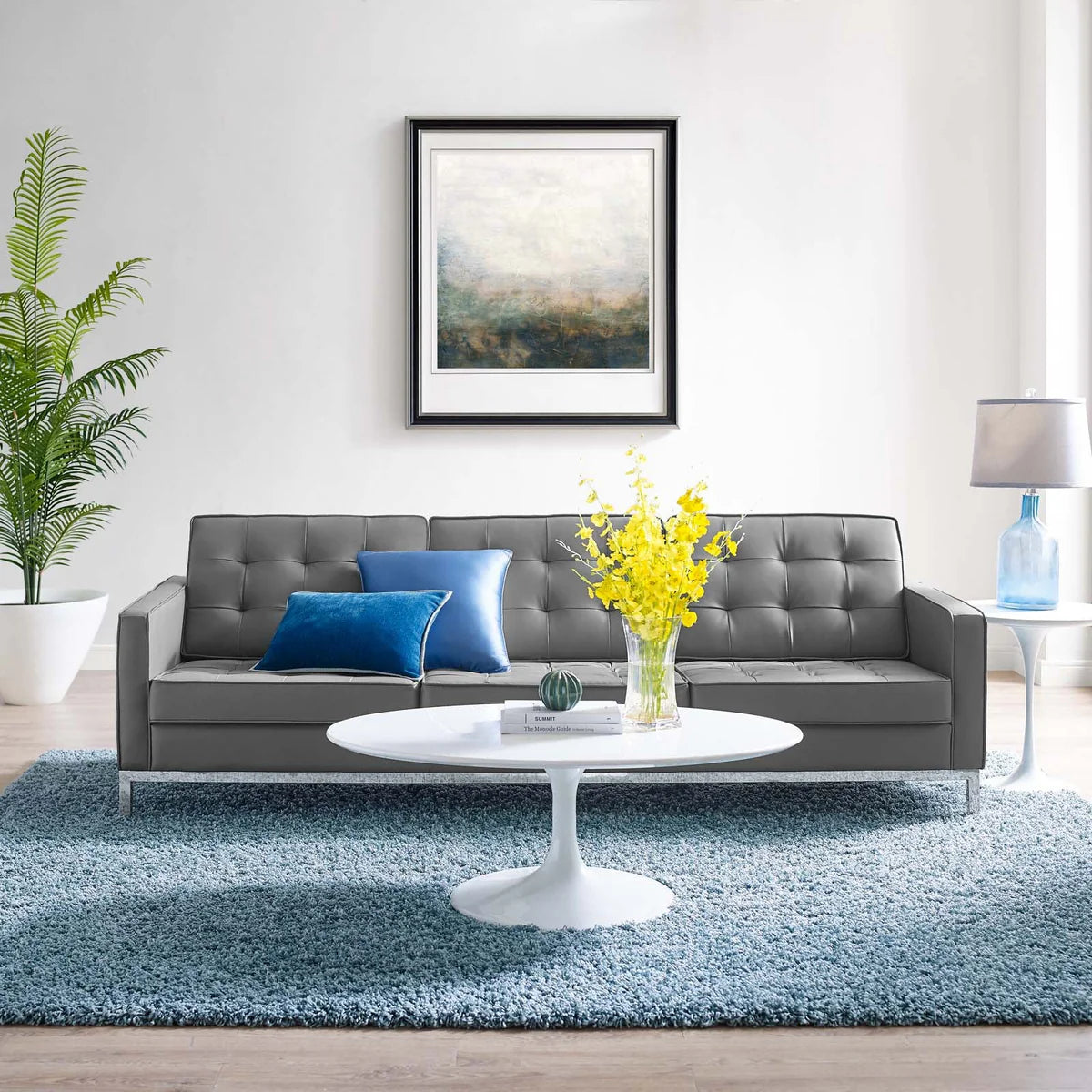 Loft Tufted Vegan Leather Sofa in Silver Black