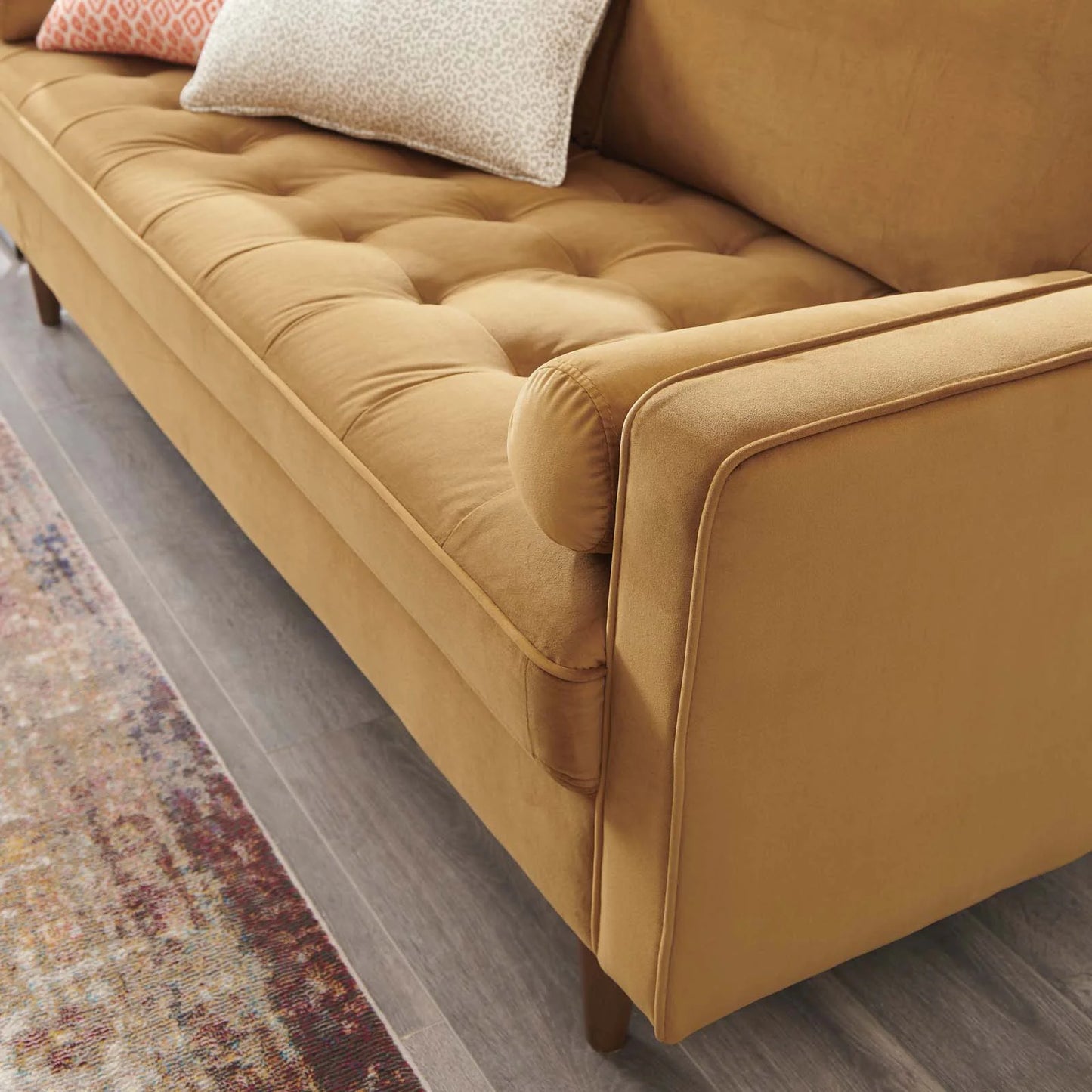 Valour Performance Velvet Sofa in Cognac – Luxurious and Comfortable Seating with a Rich, Warm Hue for Elegant Living Spaces