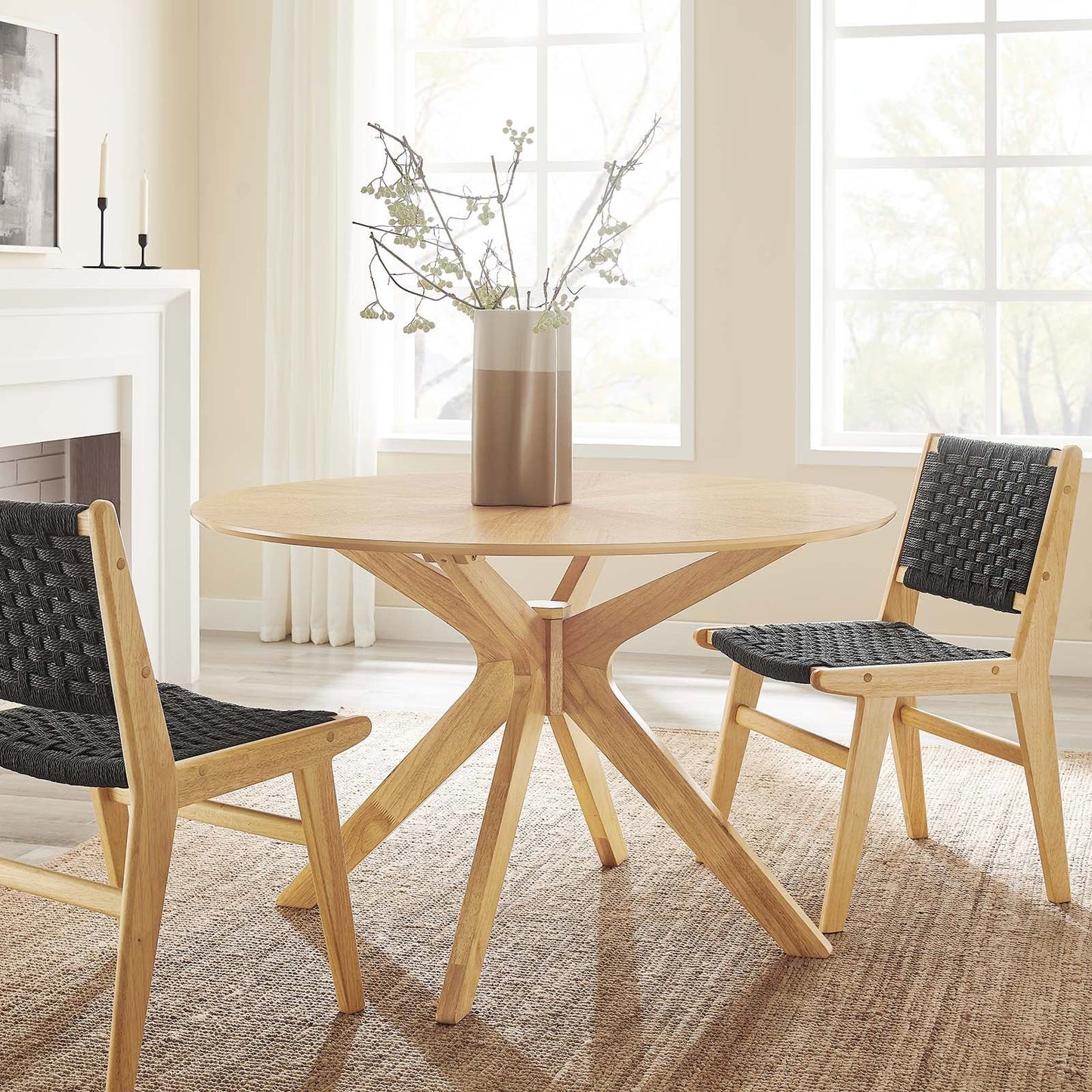 Crossroads 47" Round Dining Table – Ash Wood Veneer with Distinctive Wooden Legs for Stylish Dining