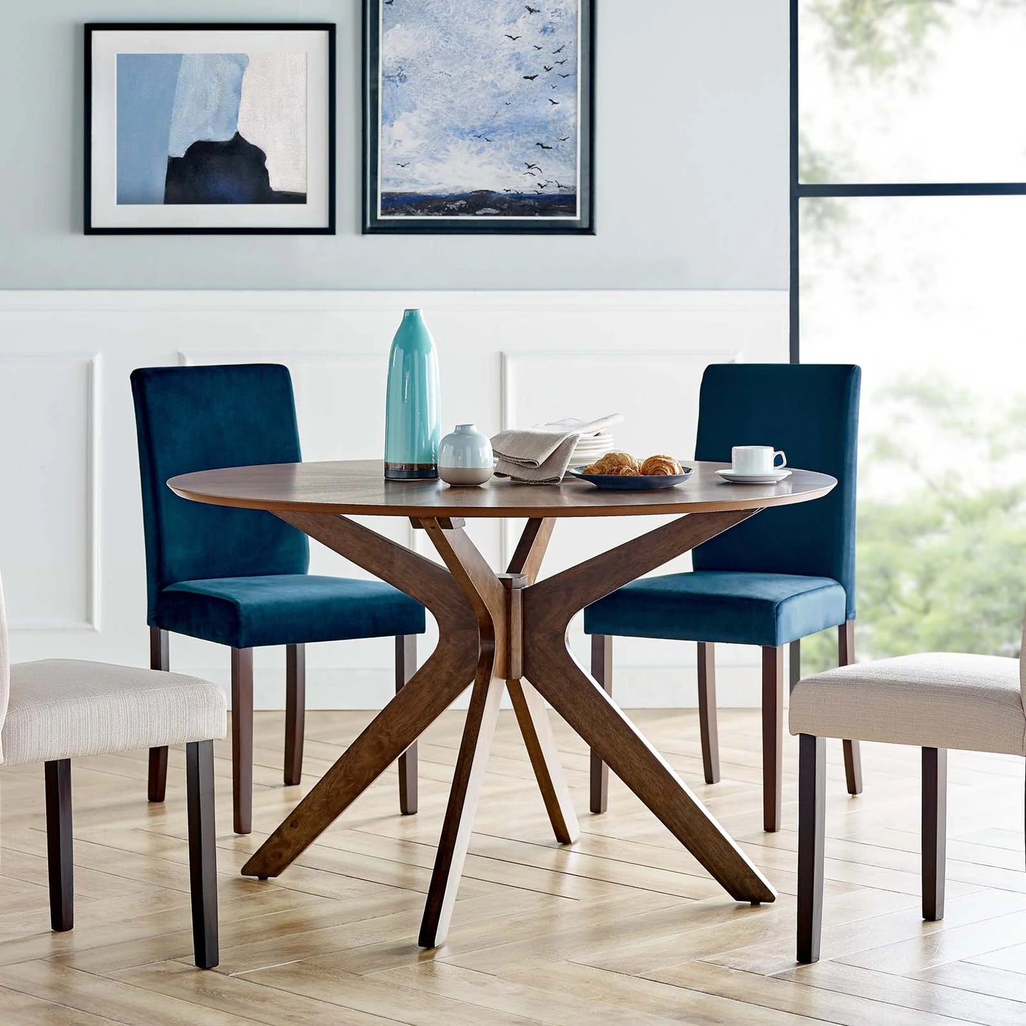 Crossroads 47" Round Dining Table - Ash Wood Veneer with Unique Wooden Legs for Stylish Dining