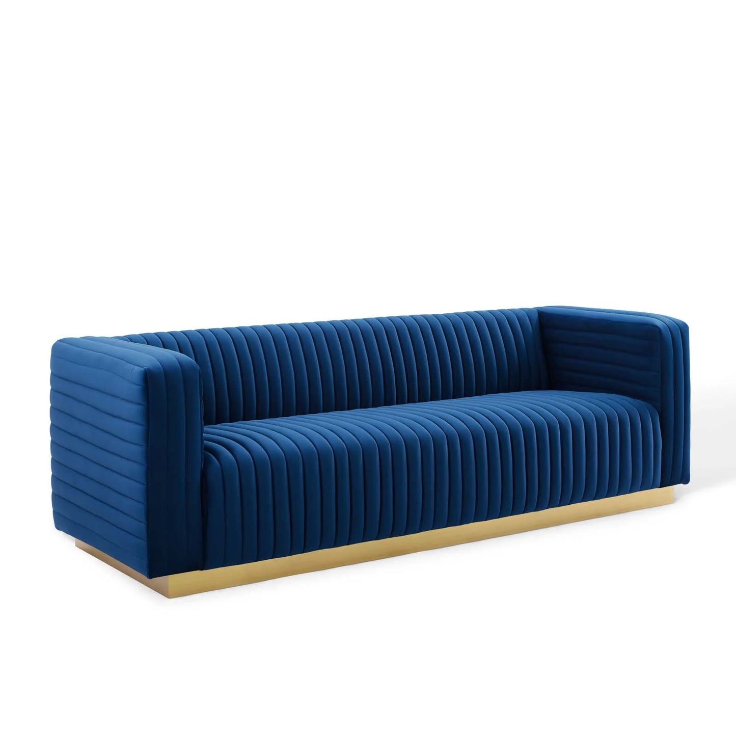 Charisma Channel Tufted Performance Velvet Living Room Sofa in Navy - Elegant and Luxurious Seating with a Bold, Timeless Design for Modern Spaces