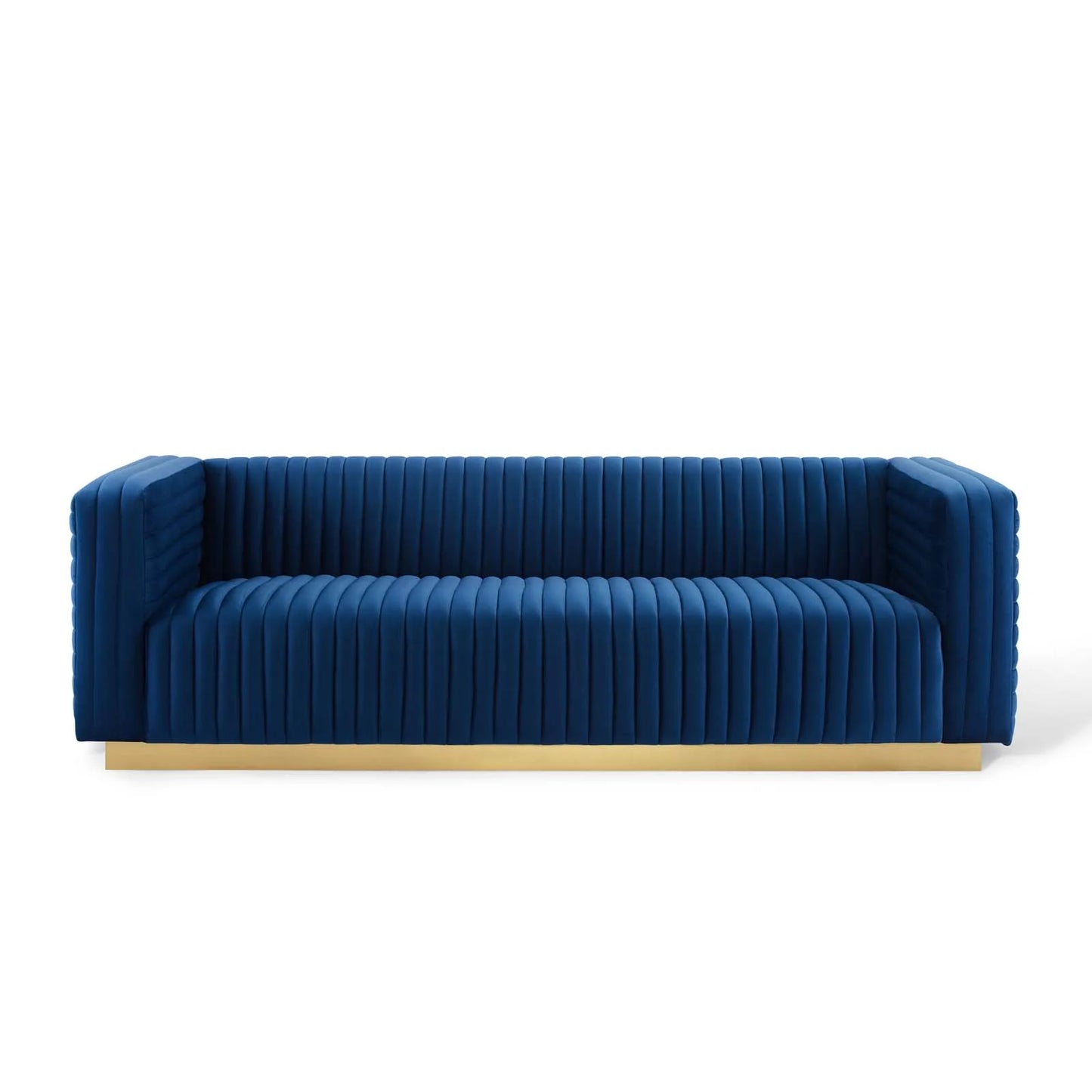 Charisma Channel Tufted Performance Velvet Living Room Sofa in Navy - Elegant and Luxurious Seating with a Bold, Timeless Design for Modern Spaces