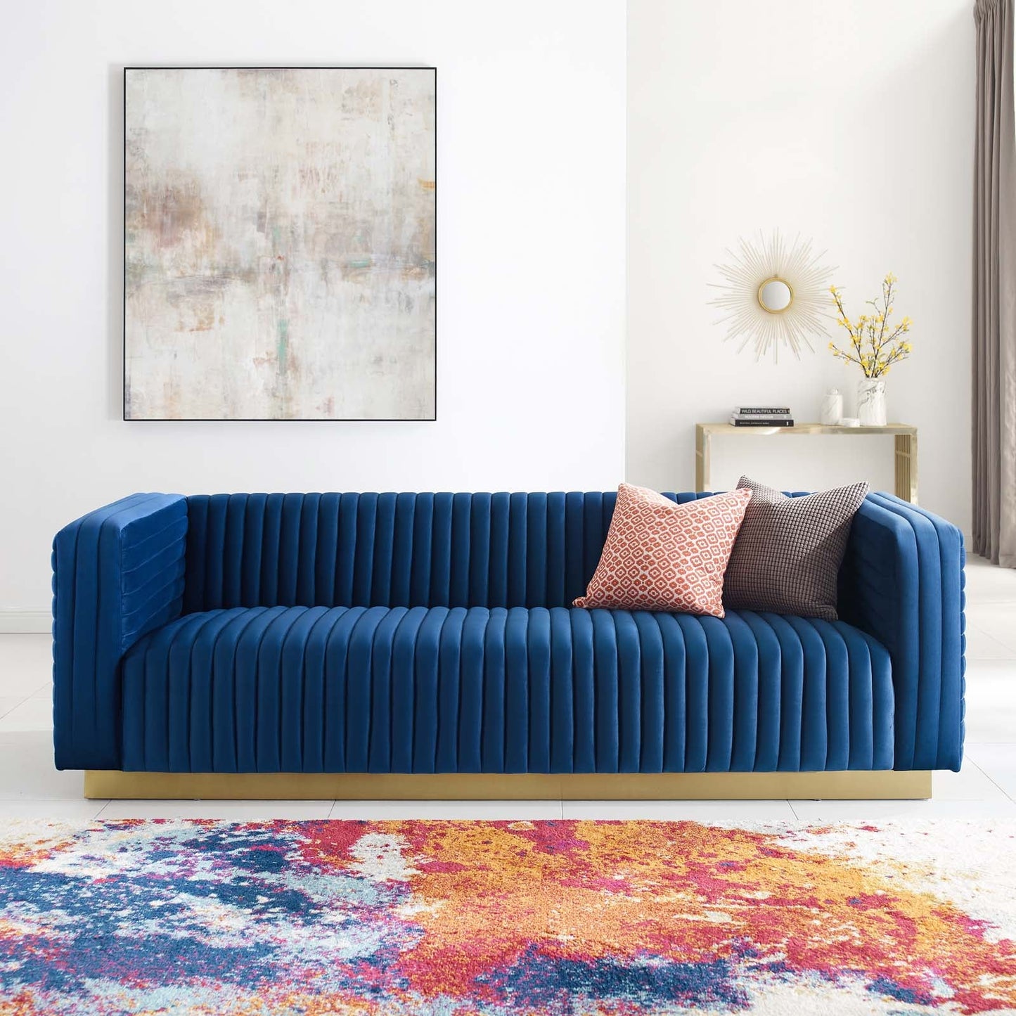 Charisma Channel Tufted Performance Velvet Living Room Sofa in Navy - Elegant and Luxurious Seating with a Bold, Timeless Design for Modern Spaces