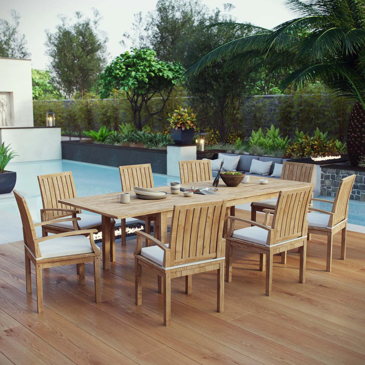 Marina 9-Piece Outdoor Patio Teak Dining Set in Natural White - Spacious and Elegant Dining Set for Sophisticated Outdoor Entertaining