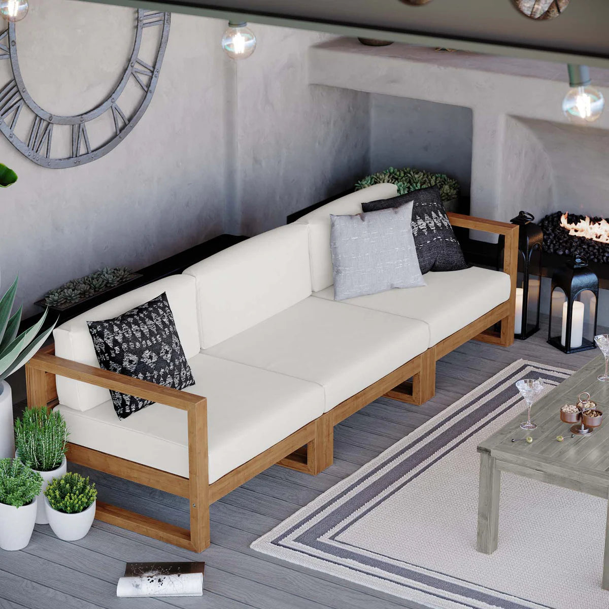 Upland 3-Piece Outdoor Patio Teak Wood Sectional Sofa Set in Natural White - Elegant and Durable Seating for Luxurious Outdoor Spaces