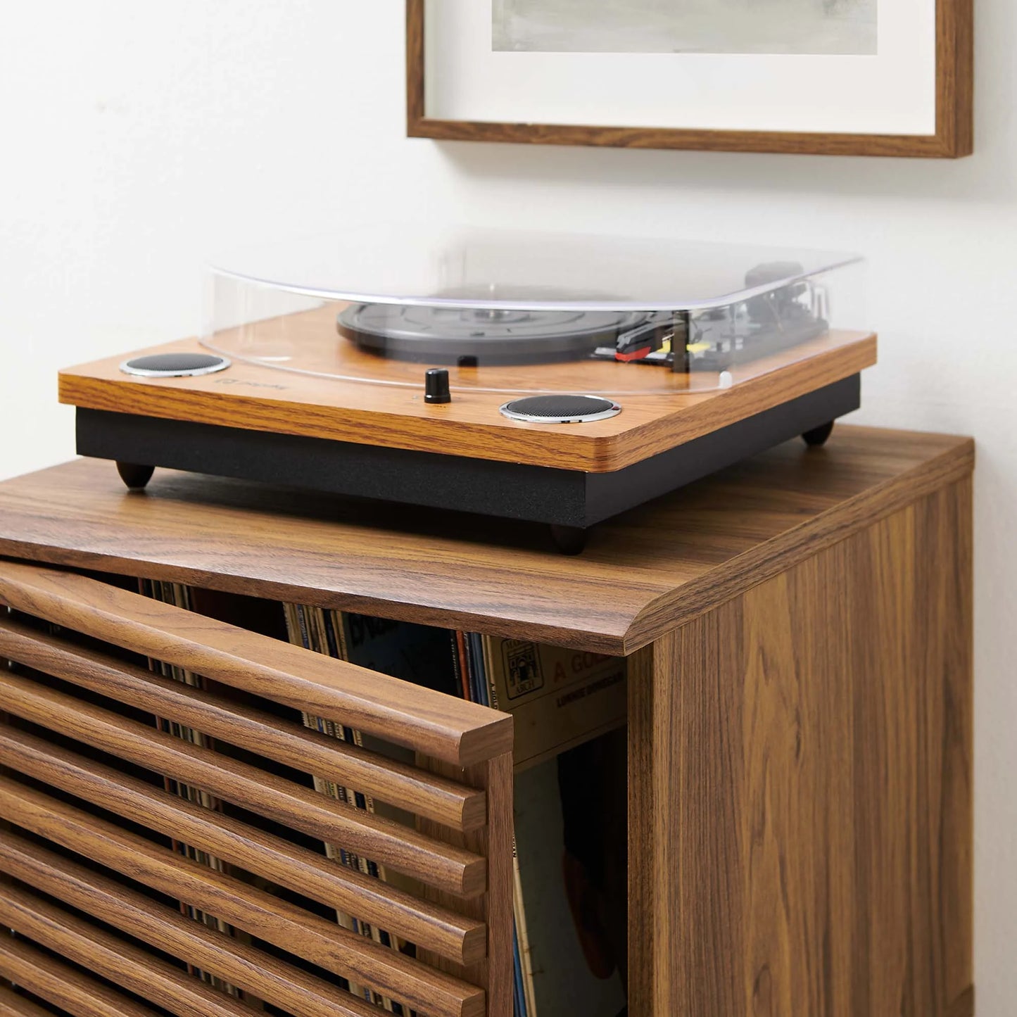 Render Vinyl Record Display Stand - Mid-Century Modern LP Storage & Turntable Console