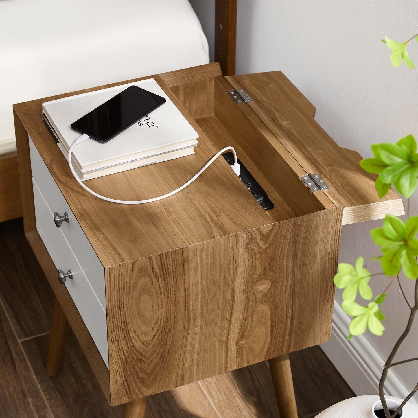 Ember Wood Nightstand with USB Ports and Outlets - Chic Mid-Century Modern Bedside Table in Walnut