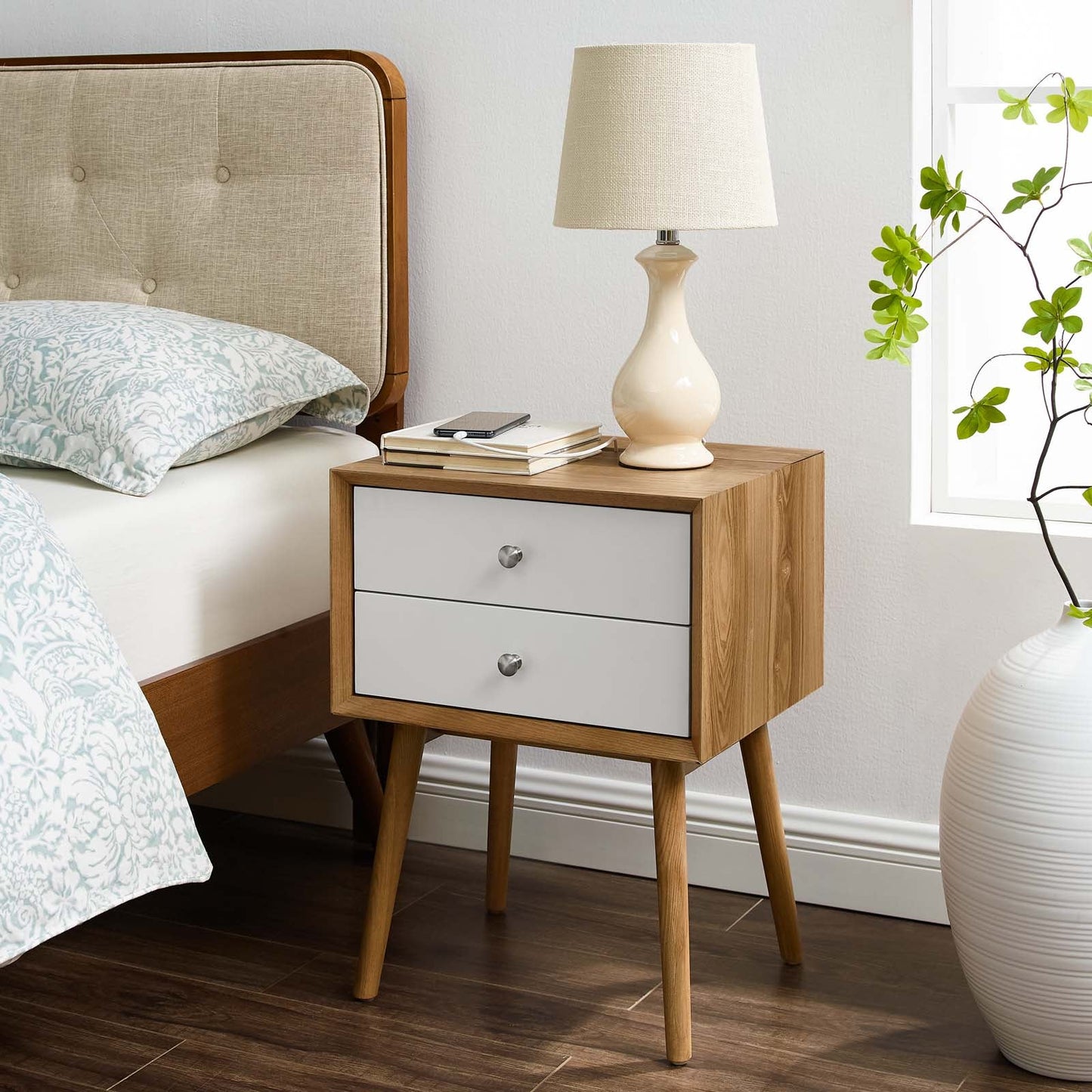 Ember Wood Nightstand with USB Ports and Outlets - Chic Mid-Century Modern Bedside Table in Walnut