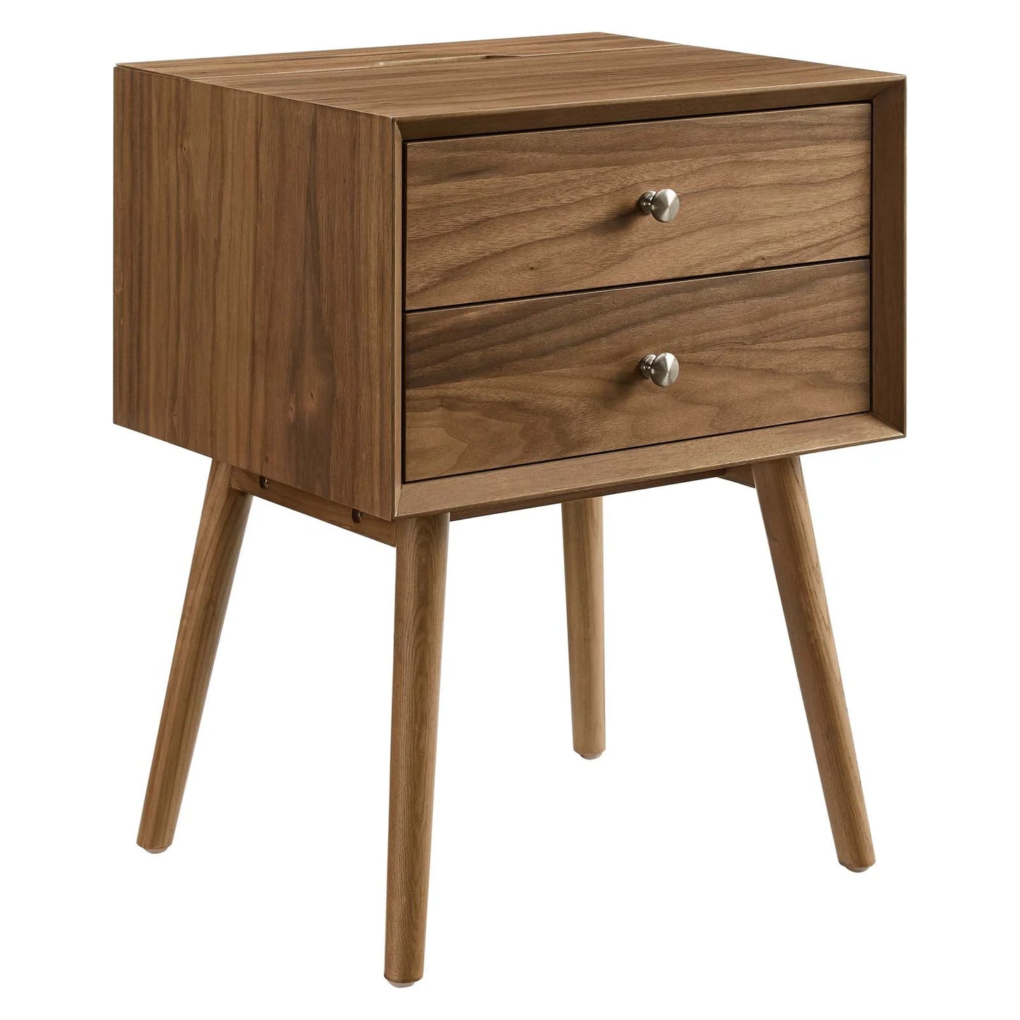 Ember Wood Nightstand with USB Ports and Outlets - Chic Mid-Century Modern Bedside Table in Walnut