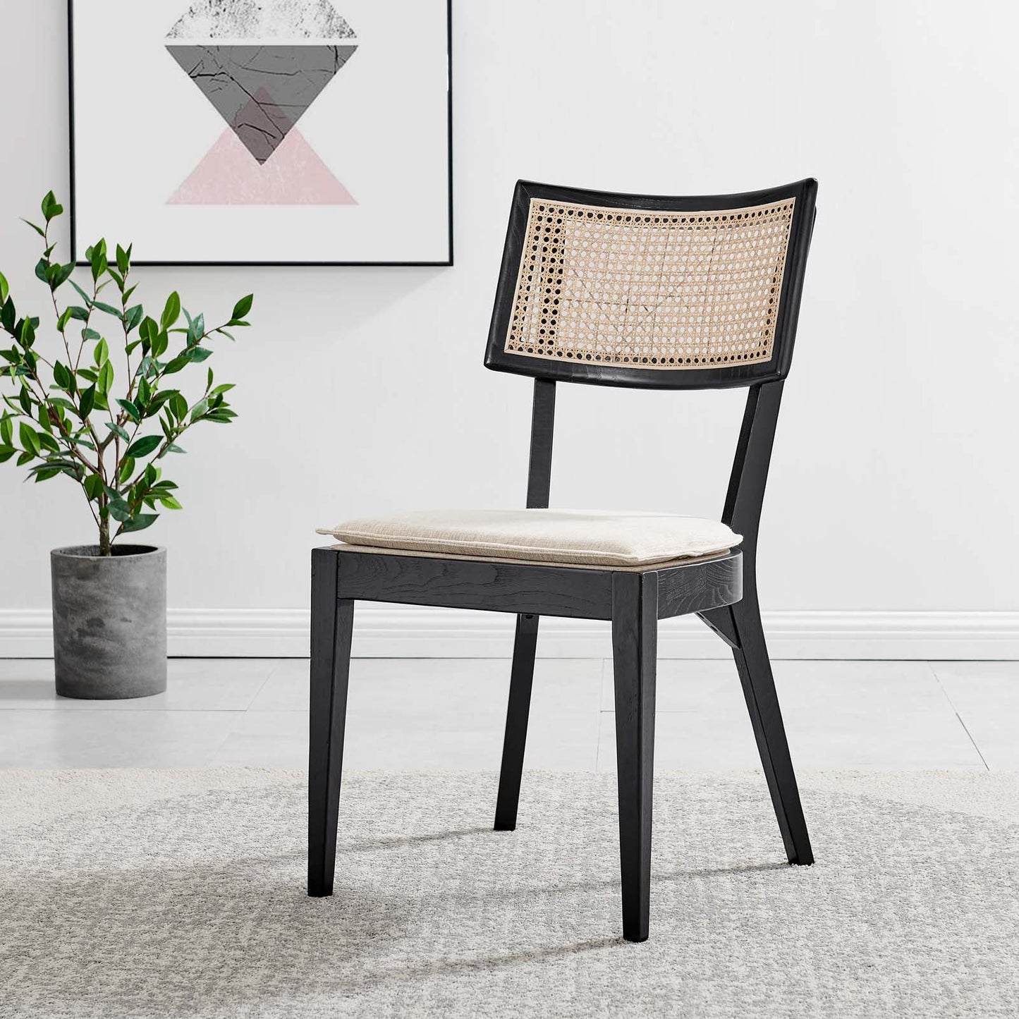 Caledonia Wood Dining Chair β Charming Cottage Style with Woven Rattan, Solid Elm, and Upholstered Comfort