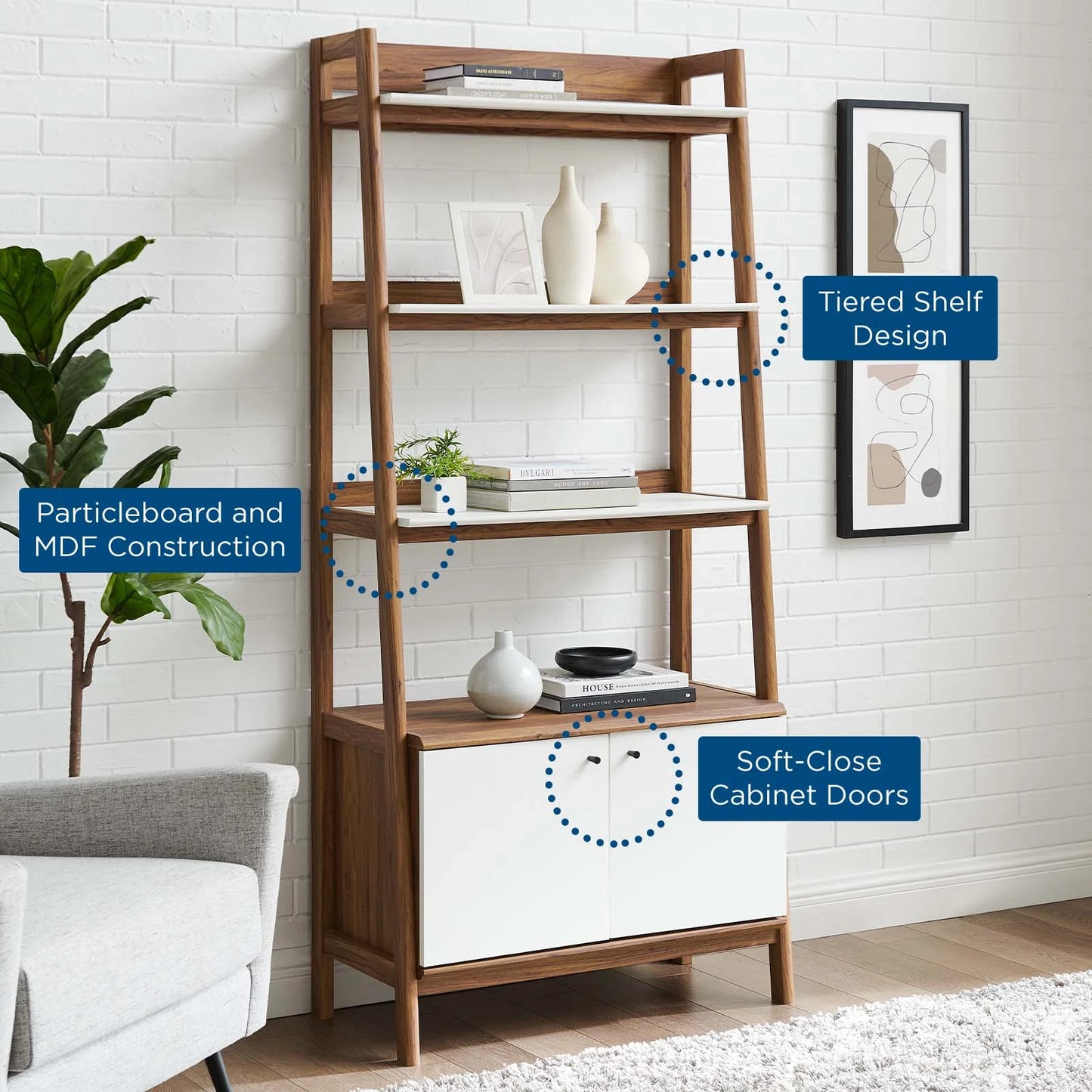 Bixby 33" Walnut and White Bookshelf - Modern Design for Stylish Storage and Display