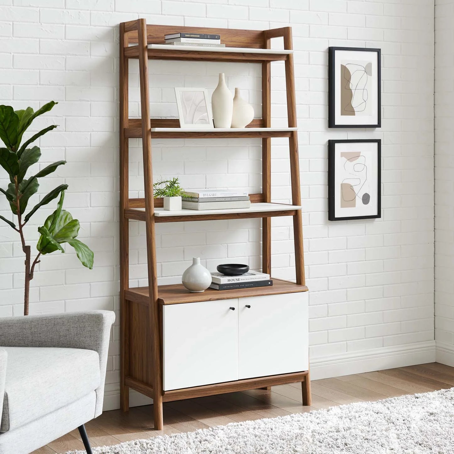 Bixby 33” Walnut & White Bookshelf – Modern Stylish Storage and Display Unit