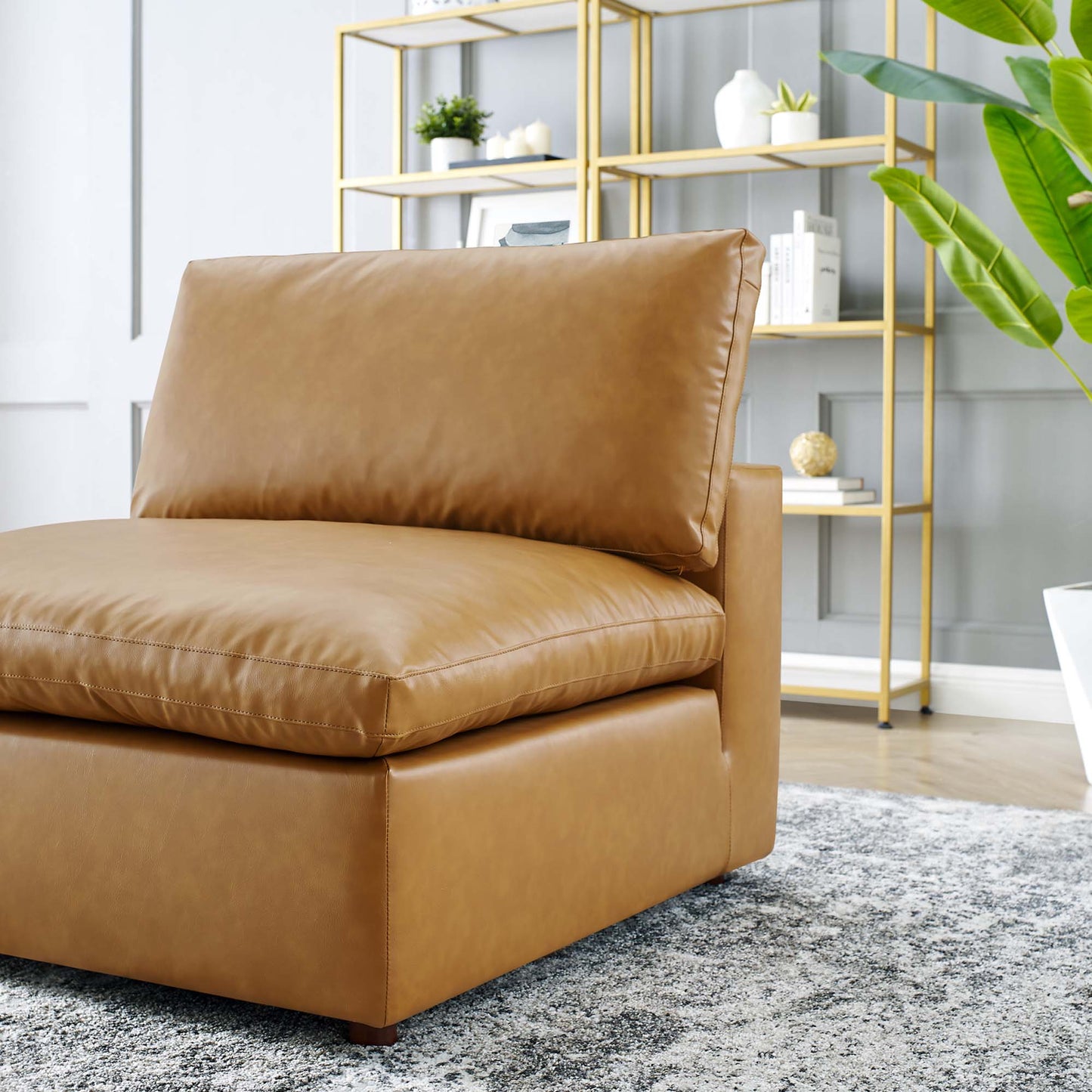Commix Down Filled Overstuffed Vegan Leather Armless Chair in Tan