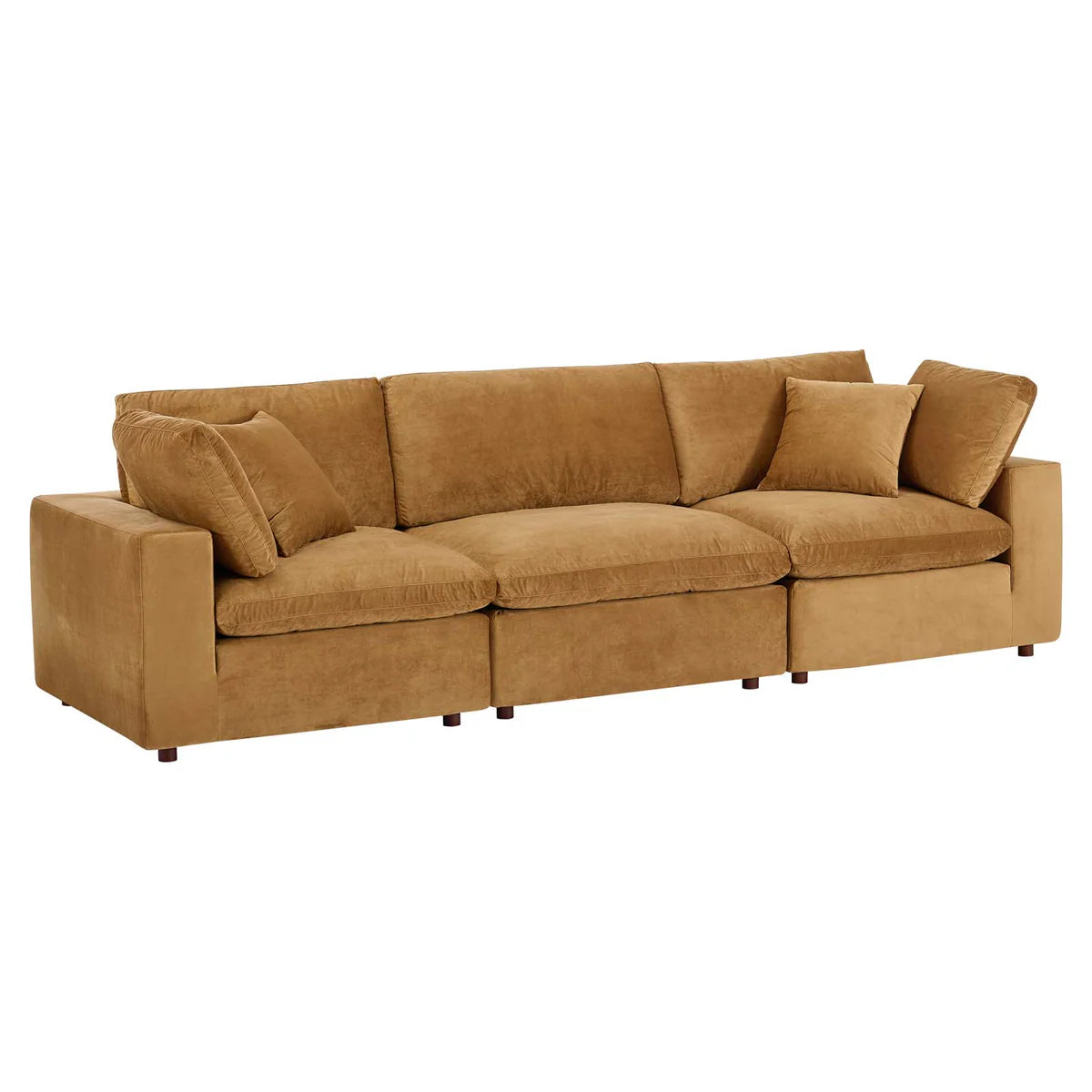 Commix Down-Filled Overstuffed Performance Velvet 3-Seater Sofa in Cognac - Luxurious and Comfortable Seating for Modern Living Spaces