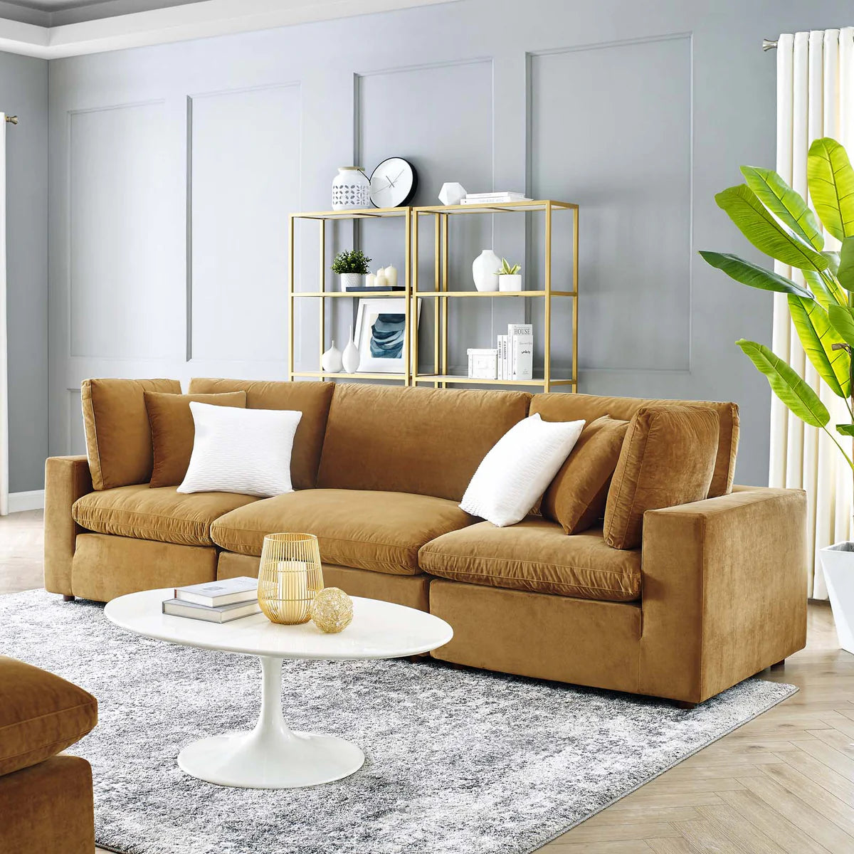 Commix Down-Filled Overstuffed Performance Velvet 3-Seater Sofa in Cognac - Luxurious and Comfortable Seating for Modern Living Spaces