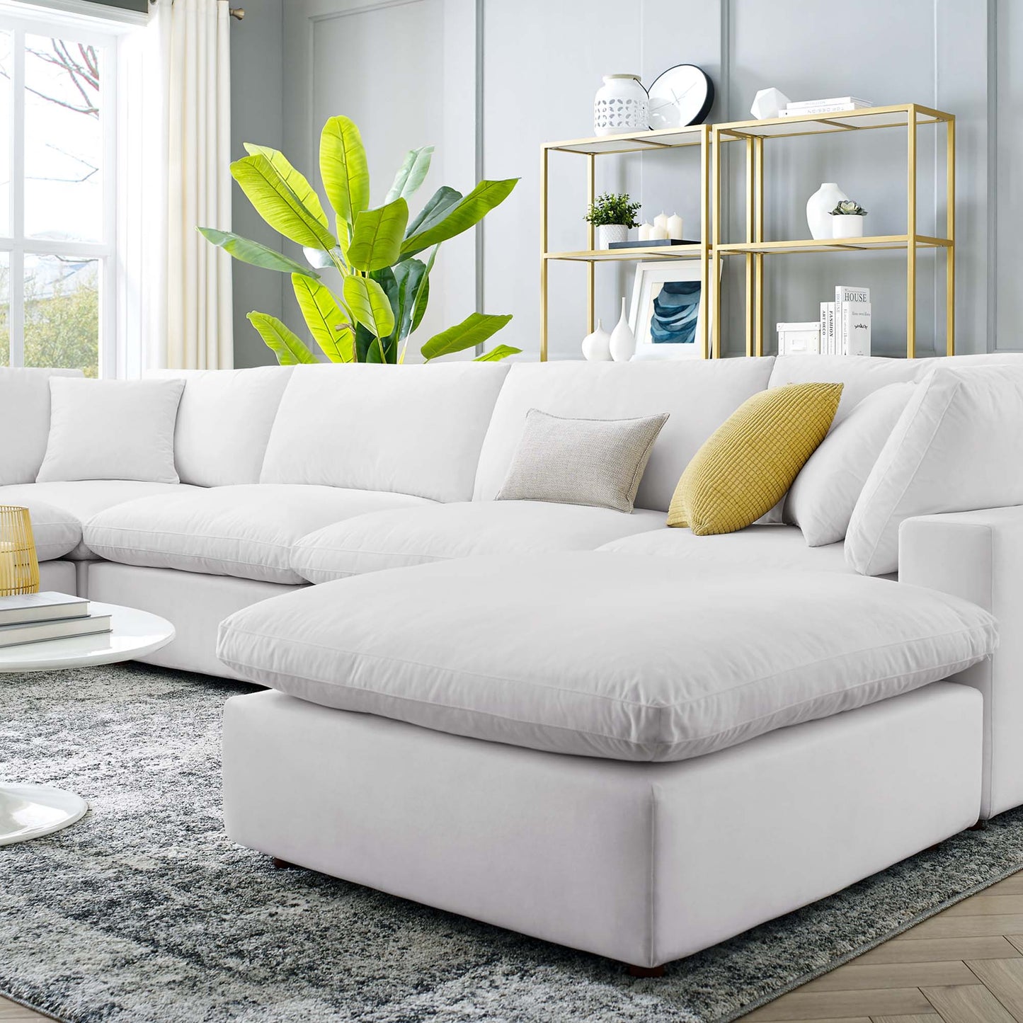 Commix 7-Piece Down-Filled White Velvet Sectional Sofa – Luxuriously Overstuffed Modular Seating for Modern Living Spaces