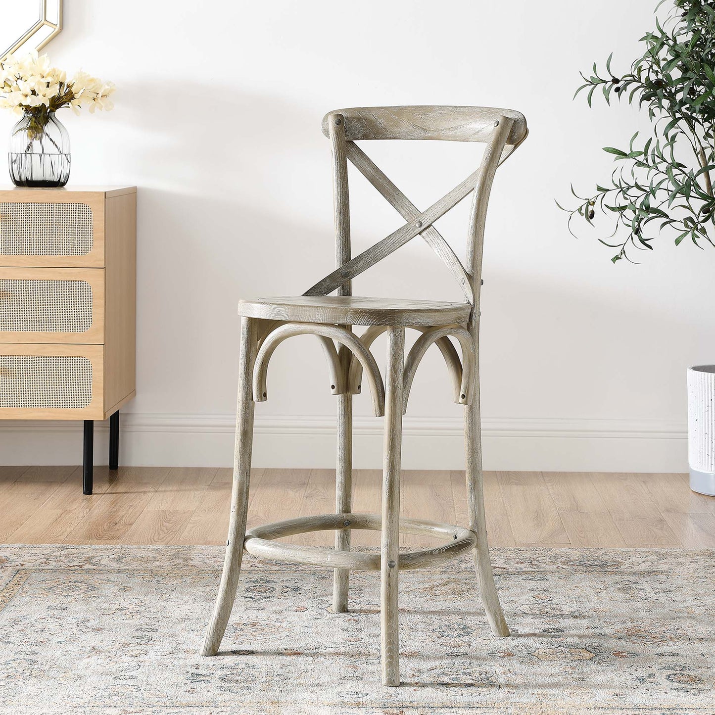 Gear Counter Stool - Modern Farmhouse Design with Sturdy Elm Wood and X-Brace Back for Enhanced Comfort
