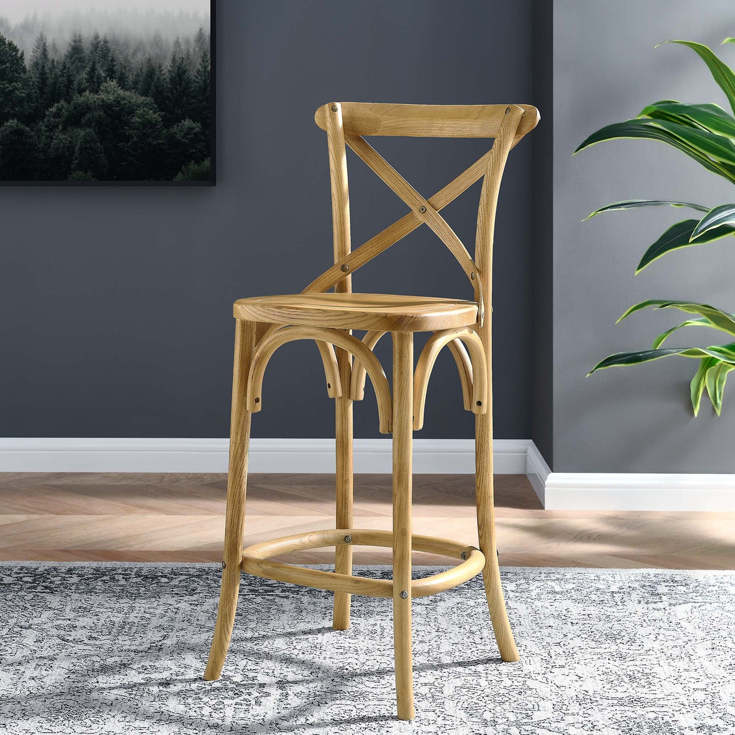 Gear Counter Stool - Modern Farmhouse Design with Sturdy Elm Wood and X-Brace Back for Enhanced Comfort