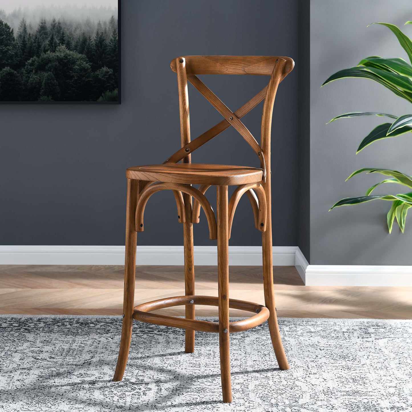 Gear Counter Stool - Modern Farmhouse Design with Sturdy Elm Wood and X-Brace Back for Enhanced Comfort