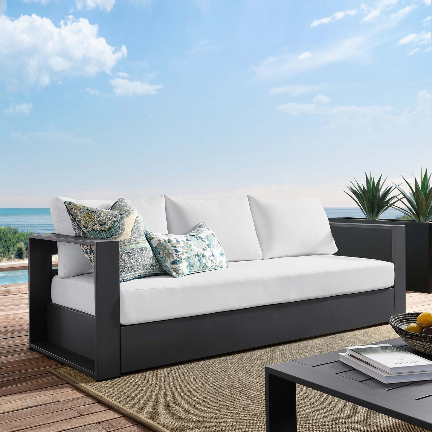 Tahoe Outdoor Patio Powder-Coated Aluminum Sofa in Gray Charcoal